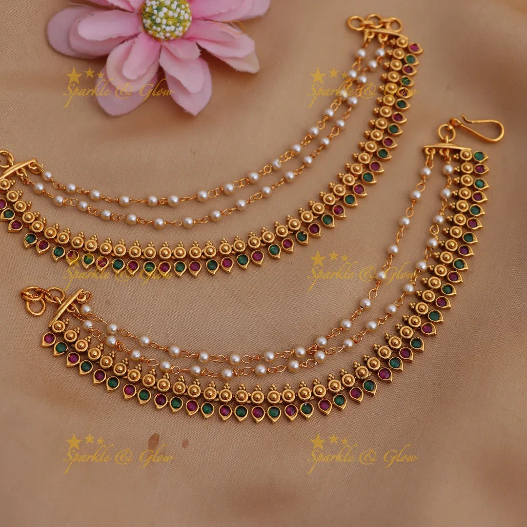 Elegant Pearl & Stone Drop Ear Chains - Antique Gold