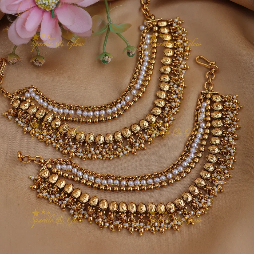Antique Gold Pearl Ear Chains with Floral Discs