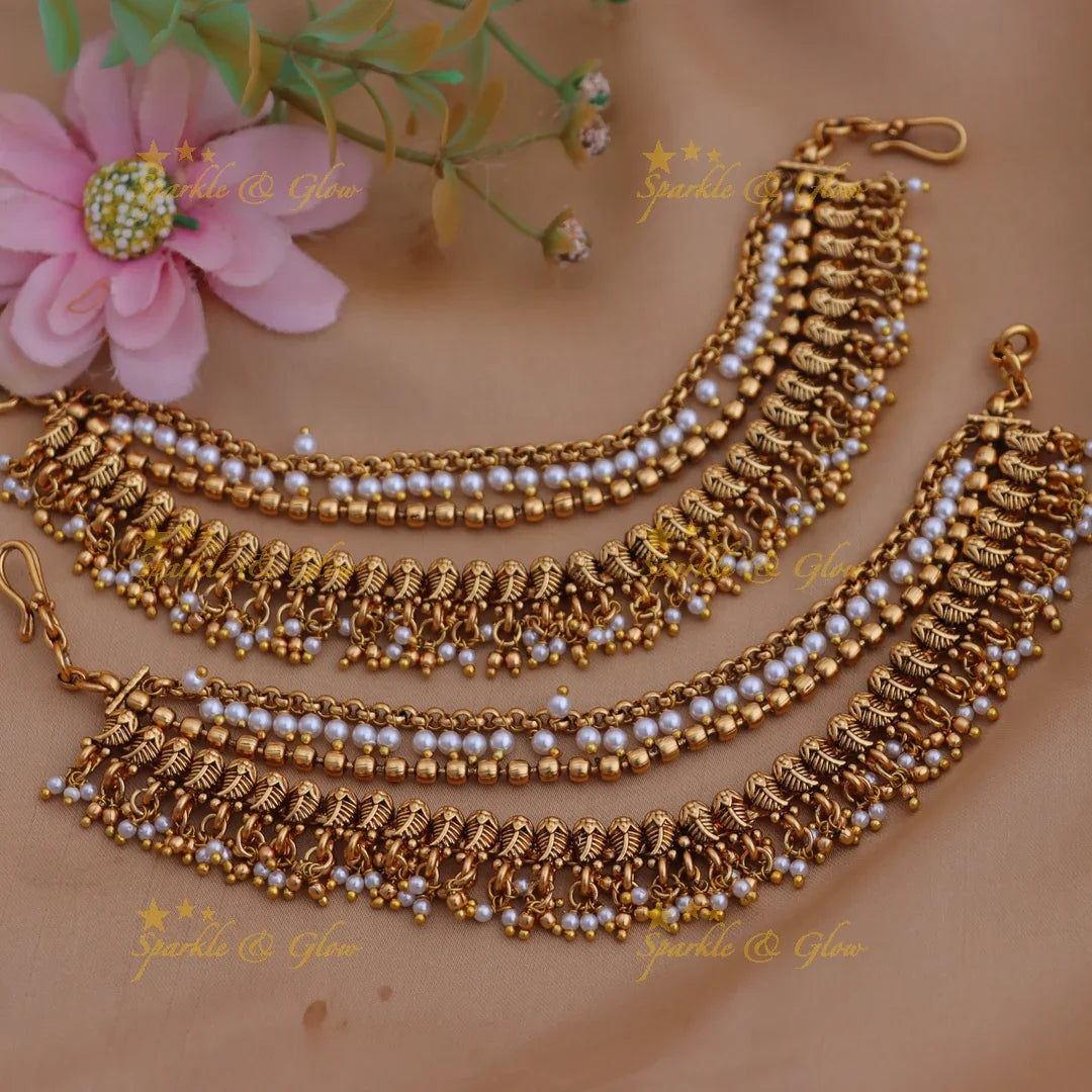 Antique Gold Leaf Cluster Bead Ear Chains