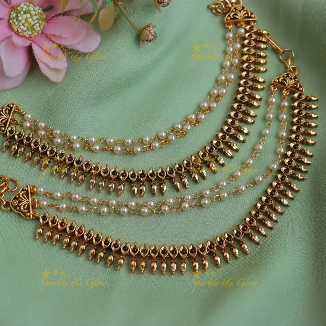 Gold-Like Ear Chain with Multicolor Stones & Pearls