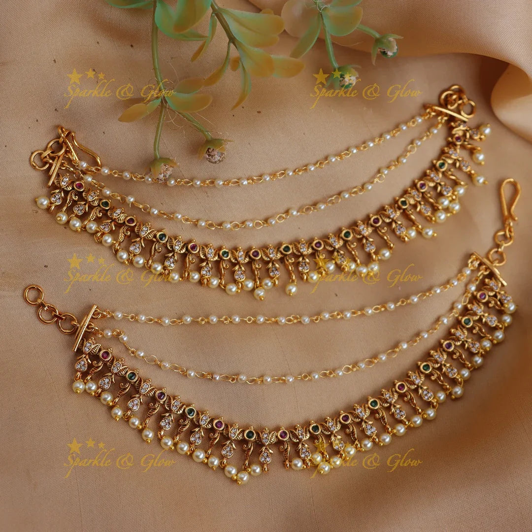 Traditional Pearl & Stone Triple Layered Ear Chain