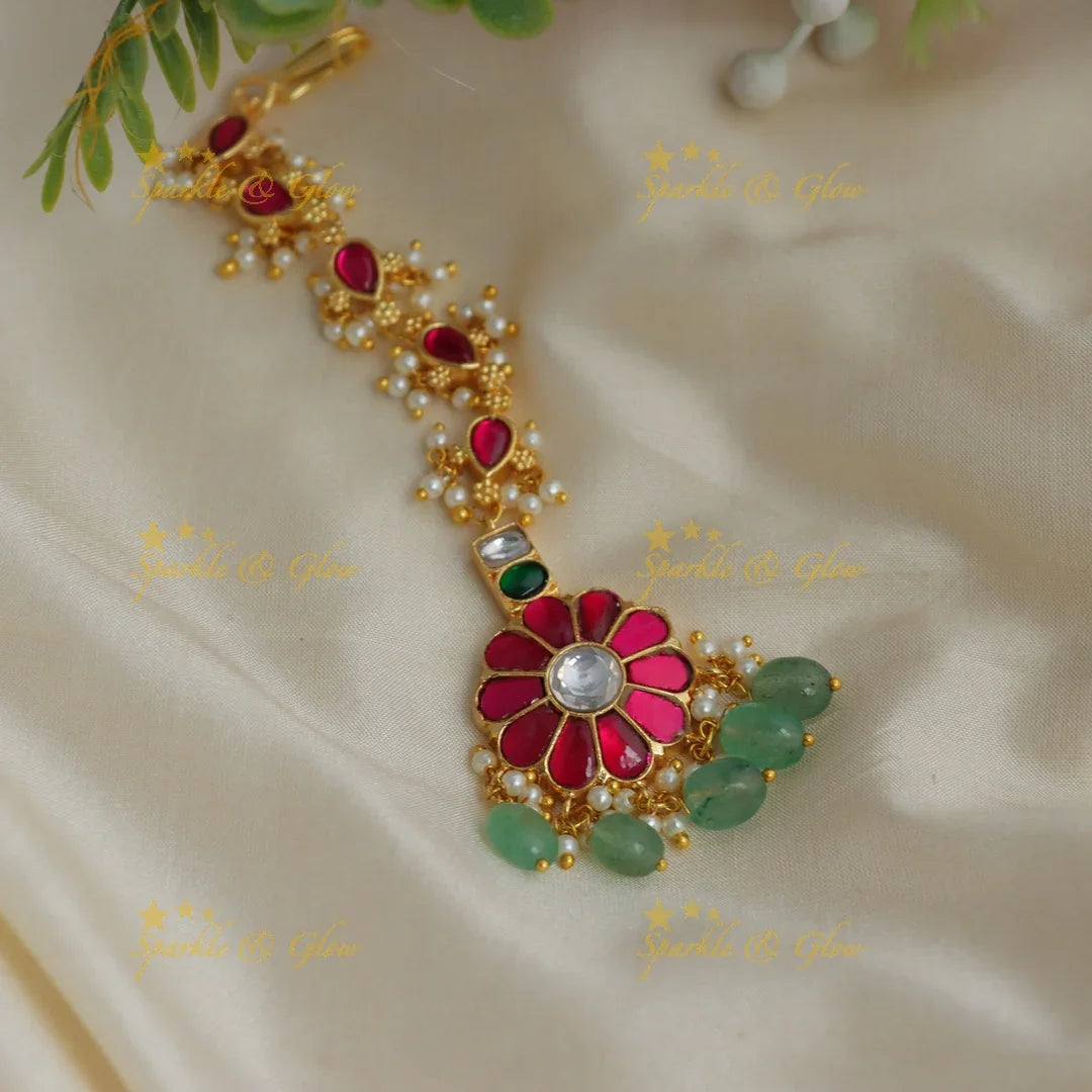 Kundan Floral Maang Tikka | Mintgreen Beads