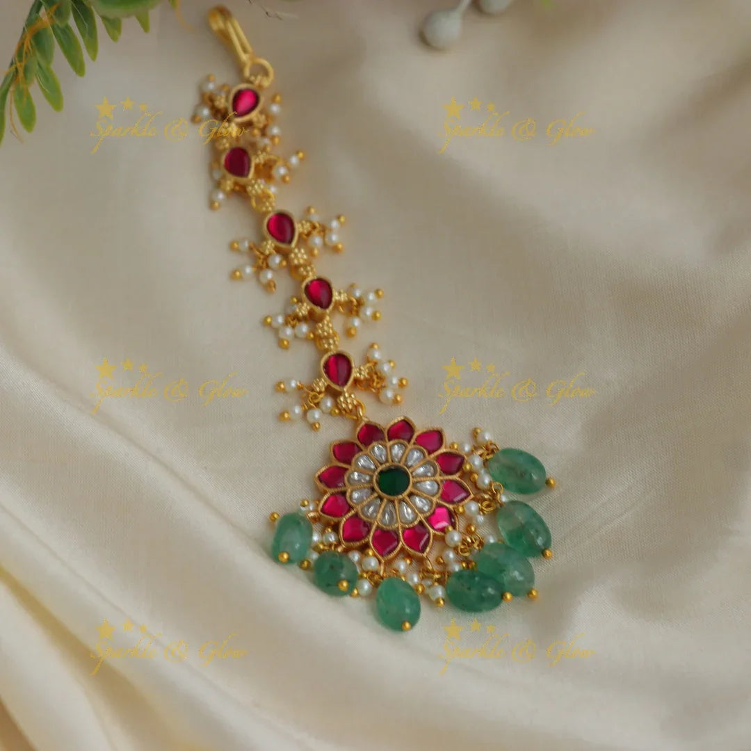 Kundan Maang Tikka with Mintgreen Beads, Sunflower Design