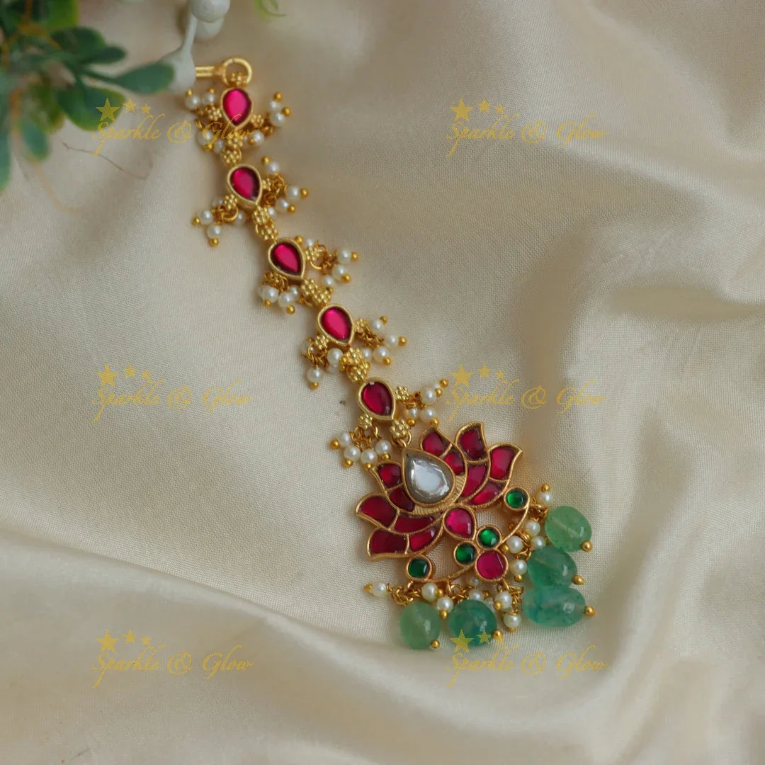 Lotus Floral Kundan Maang Tikka, Green Beads
