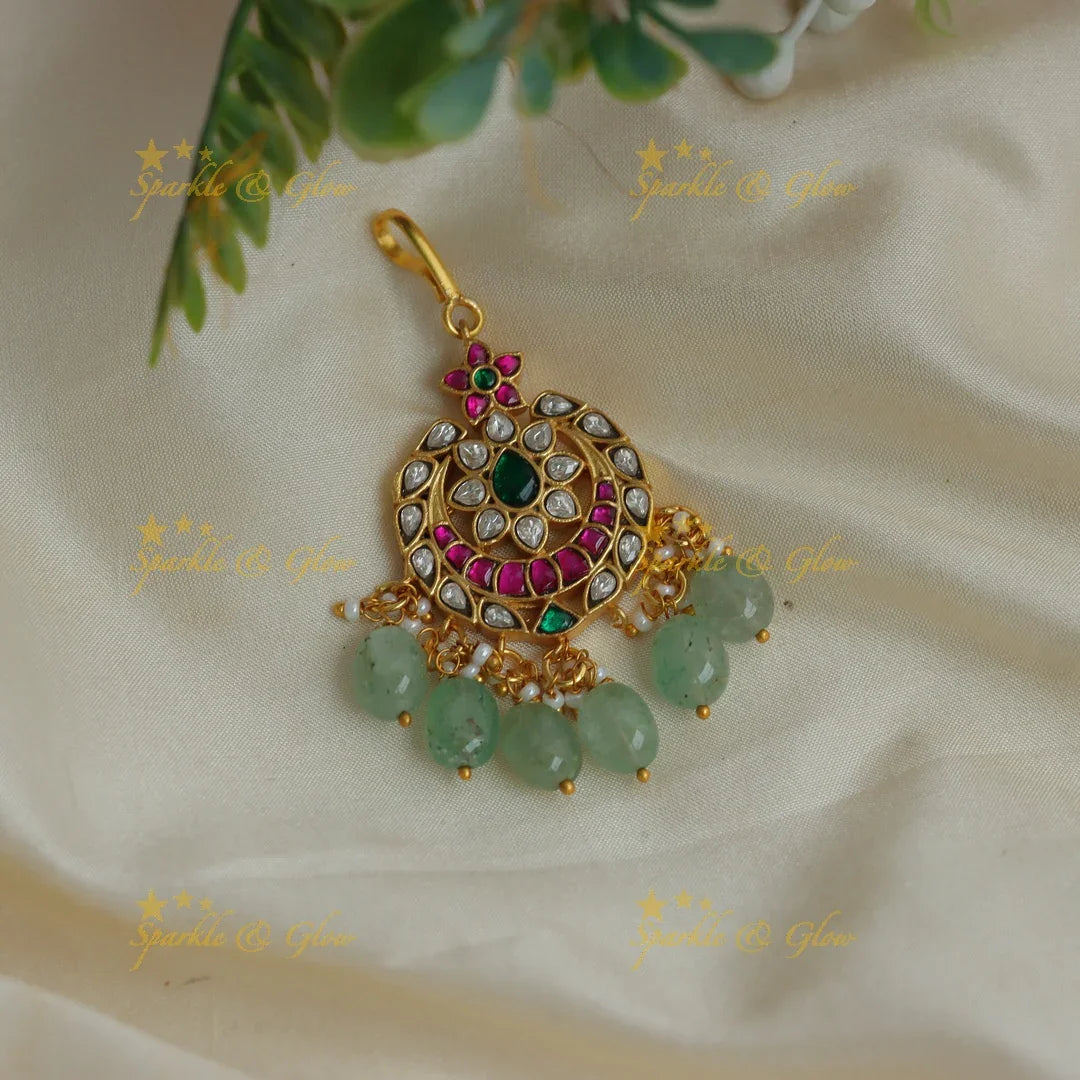 Moon Floral Kundan Maang Tikka with Mintgreen Beads