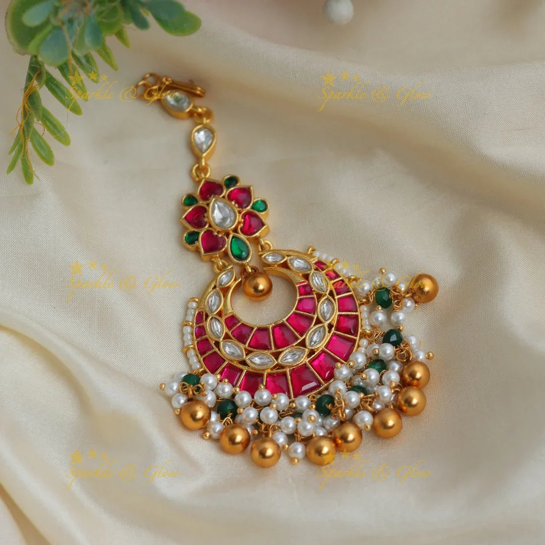 Moon Floral Jadau Kundan Maang Tikka with Pearls