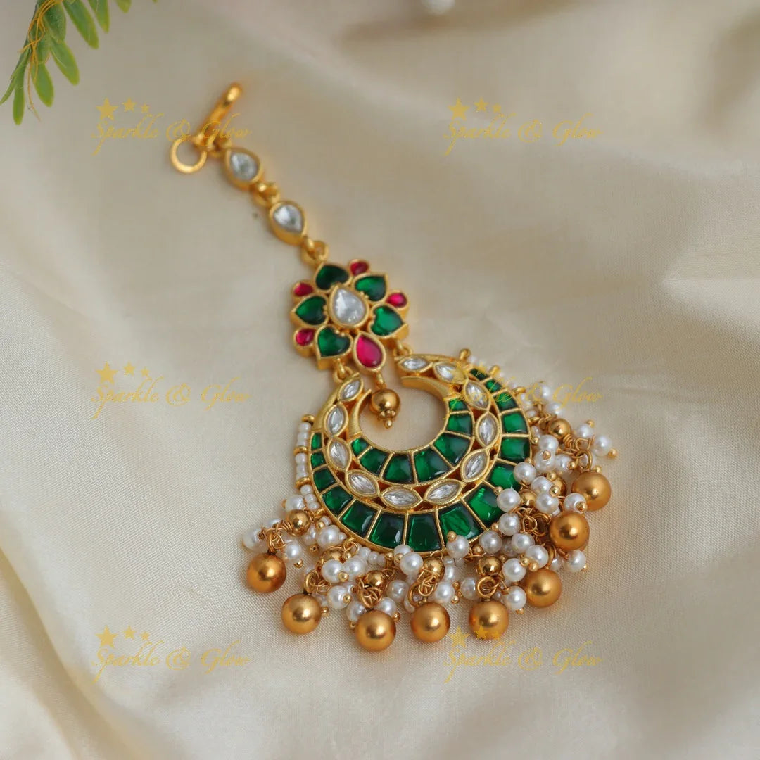 Moon Floral Jadau Kundan Maang Tikka with Pearls