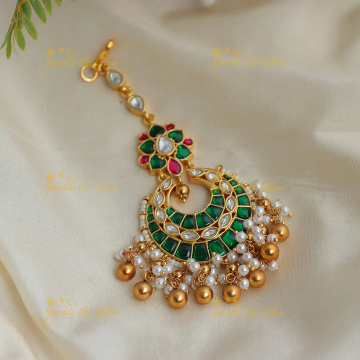 Moon Floral Jadau Kundan Maang Tikka with Pearls