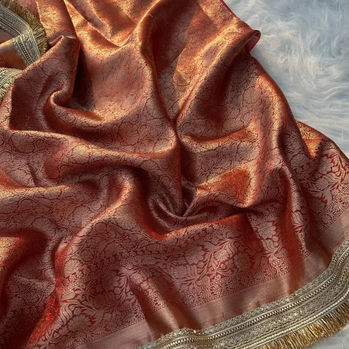 Banarasi tissue Silk saree Gold Zari weaving beautiful lace attached border - Sparkle and Glow