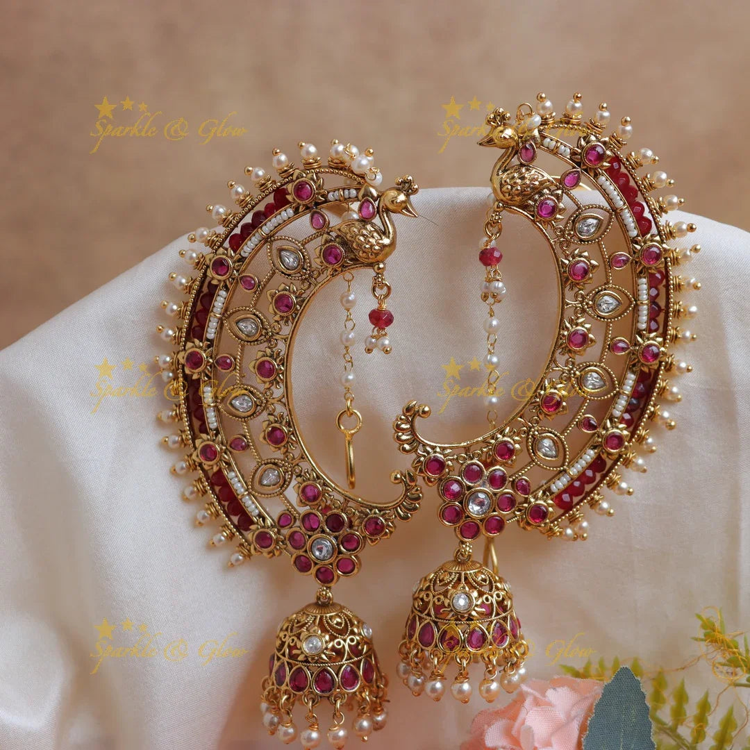 Kemp Peacock Ear Cuff Jhumka Ruby Kundan - Main Image