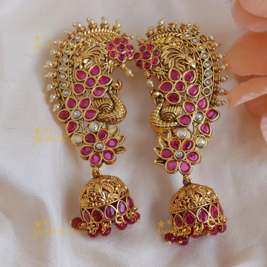 Gracious Antique Gold alike Peacock Ear cuff Jhumka with Ruby Floral Design - Sparkle and Glow