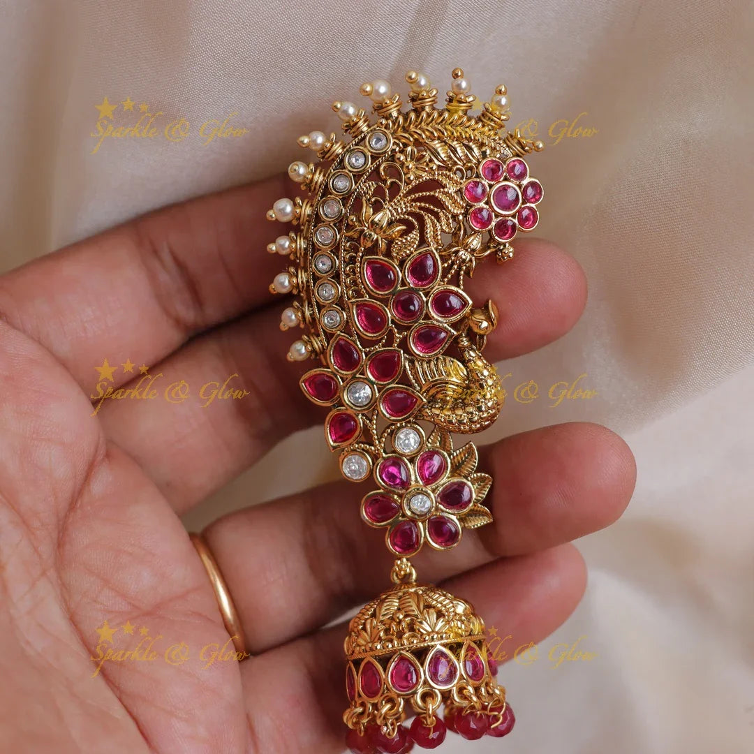 Gracious Antique Gold alike Peacock Ear cuff Jhumka with Ruby Floral Design - Sparkle and Glow