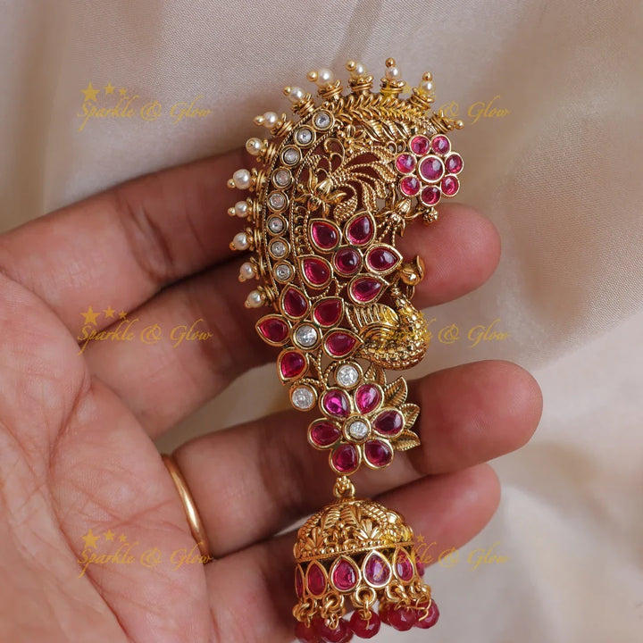 Gracious Antique Gold alike Peacock Ear cuff Jhumka with Ruby Floral Design - Sparkle and Glow