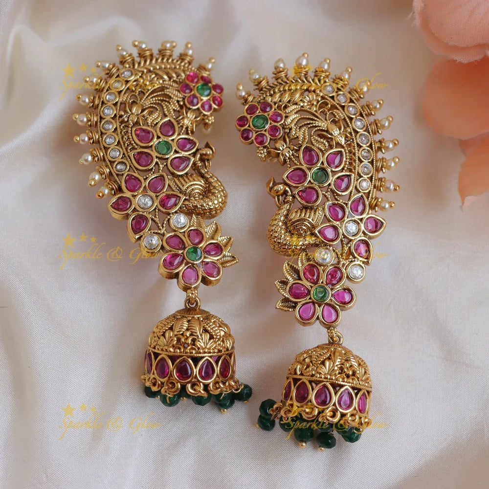 Gracious Antique Gold alike Peacock Ear cuff Jhumka with Ruby Floral Design - Sparkle and Glow