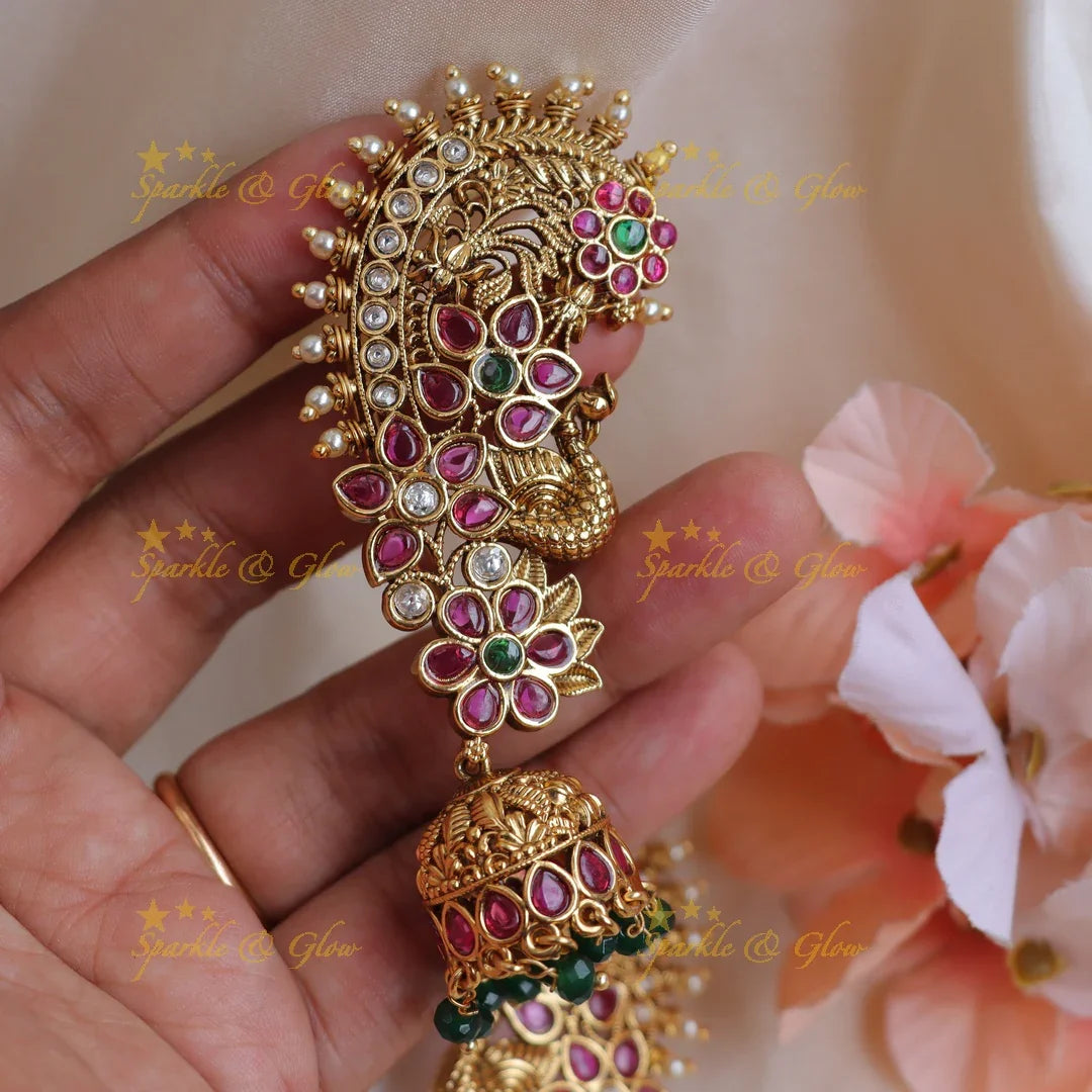 Gracious Antique Gold alike Peacock Ear cuff Jhumka with Ruby Floral Design - Sparkle and Glow