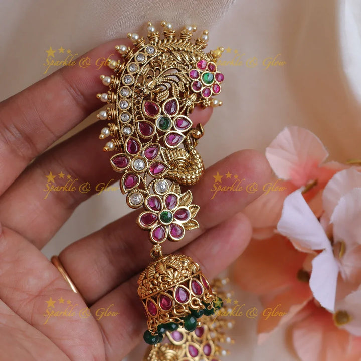Gracious Antique Gold alike Peacock Ear cuff Jhumka with Ruby Floral Design - Sparkle and Glow