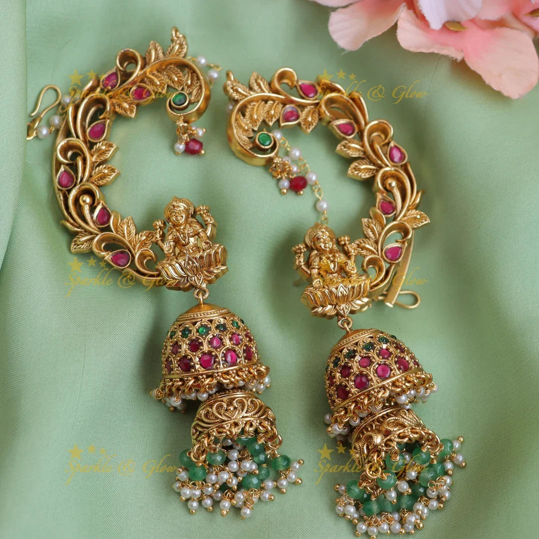 Elegant Antique Gold alike Lakshmi Temple Ear cuff Jhumka with Green & Ruby Beads - Sparkle and Glow