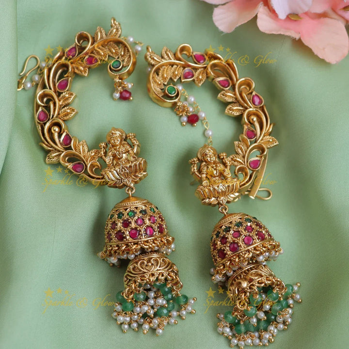 Elegant Antique Gold alike Lakshmi Temple Ear cuff Jhumka with Green & Ruby Beads - Sparkle and Glow