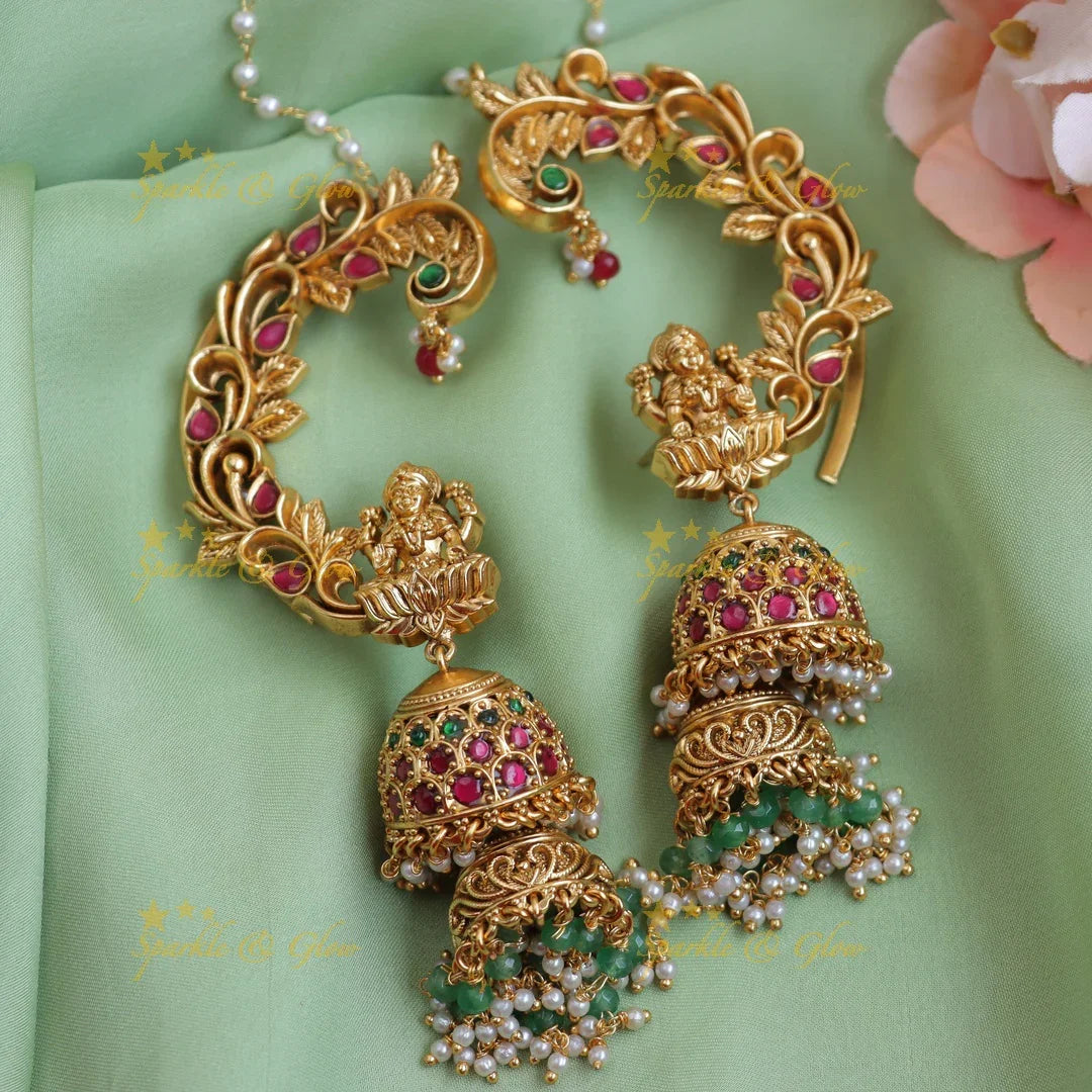 Elegant Antique Gold alike Lakshmi Temple Ear cuff Jhumka with Green & Ruby Beads - Sparkle and Glow