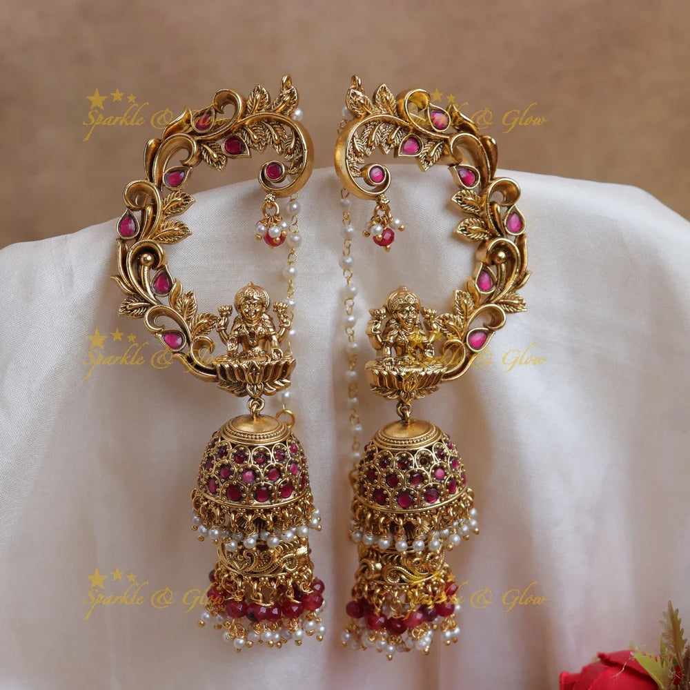 Elegant Antique Gold alike Lakshmi Temple Ear cuff Jhumka with Green & Ruby Beads - Sparkle and Glow