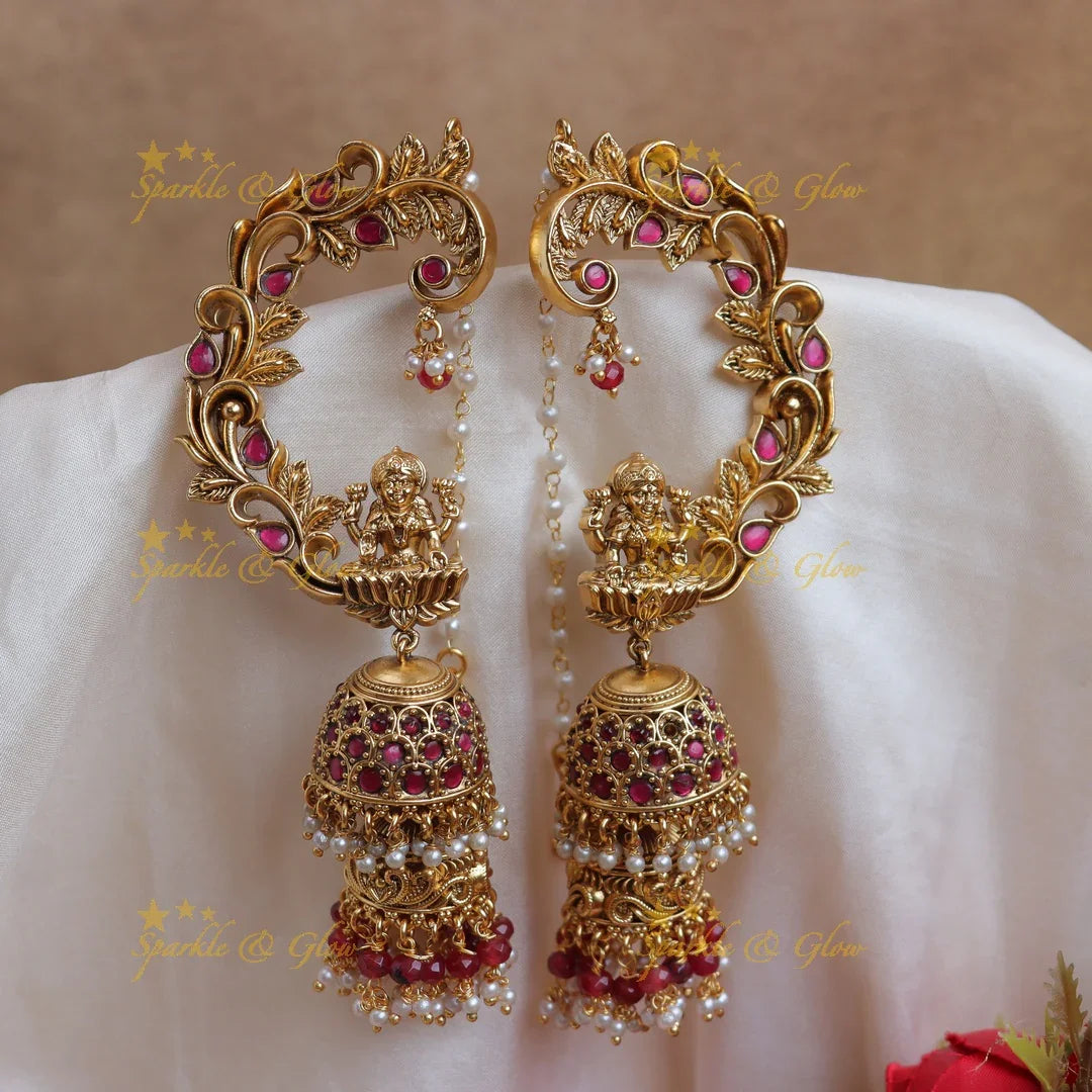 Elegant Antique Gold alike Lakshmi Temple Ear cuff Jhumka with Green & Ruby Beads - Sparkle and Glow