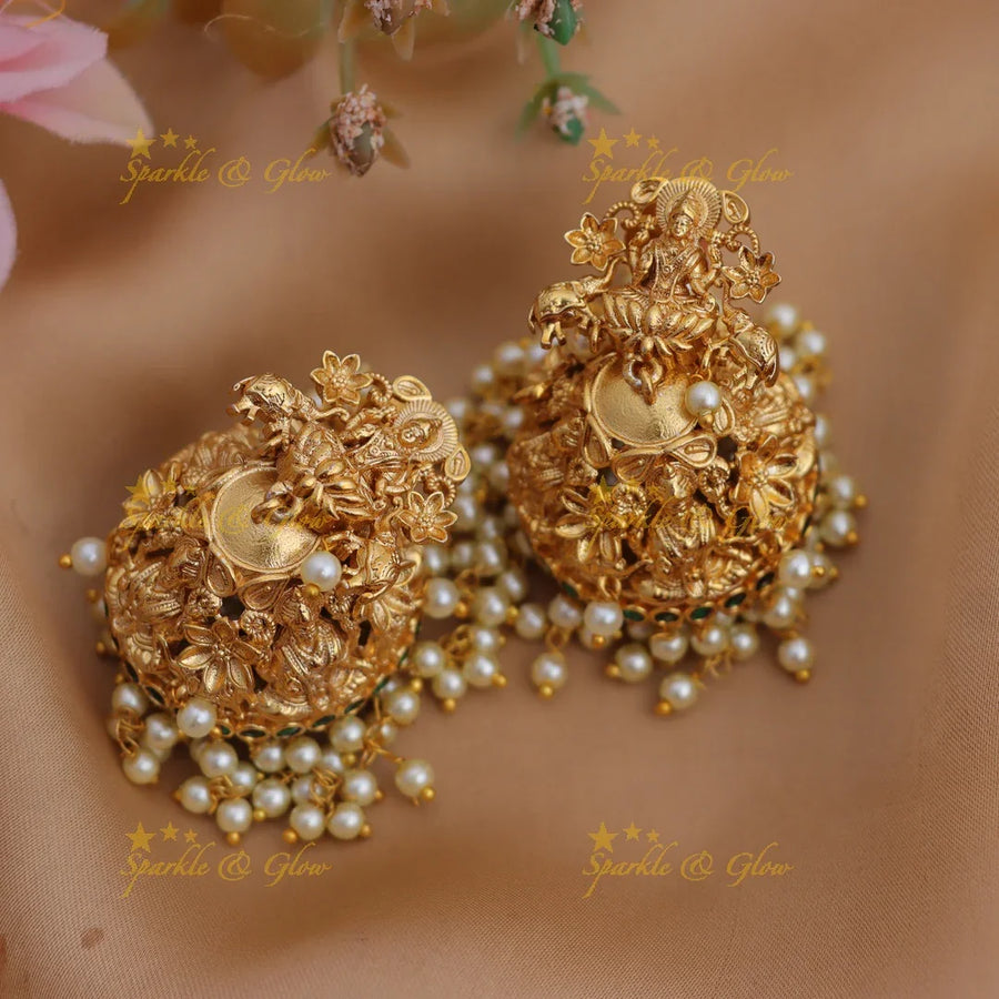 Beautiful Antique Gold alike Lakshmi Jhumka with Pearl Drops - Sparkle and Glow