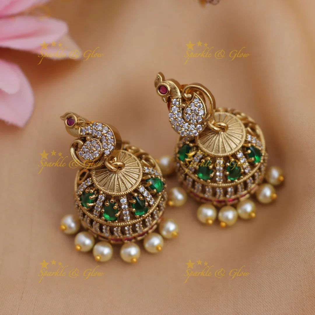 Stunning Gold alike Peacock Jhumka with Green Stones & Pearl Drops - Sparkle and Glow