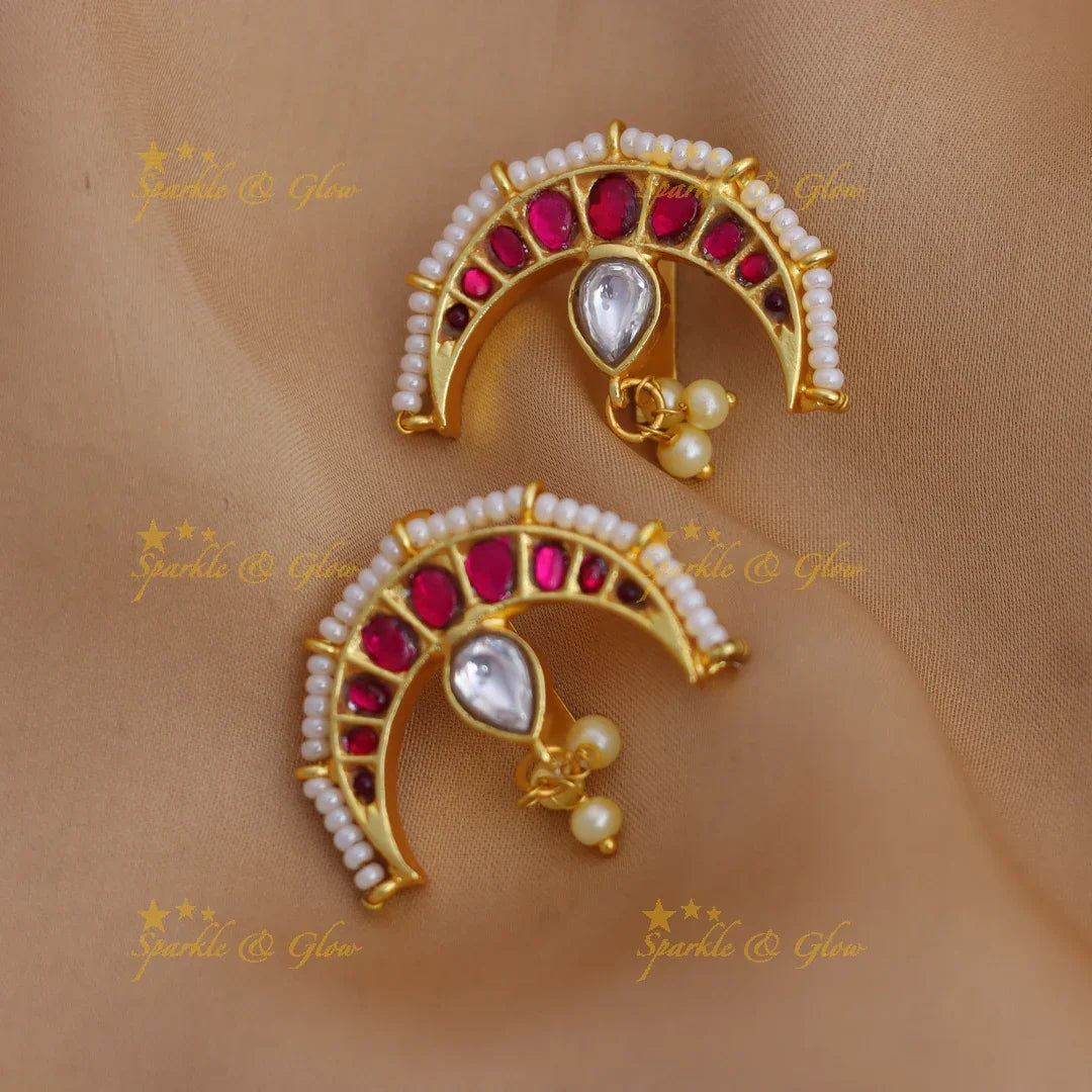 Traditional Jadau Kundan Half Moon design Bugadi Earrings with Ruby Stones & Pearl Accents - Sparkle and Glow