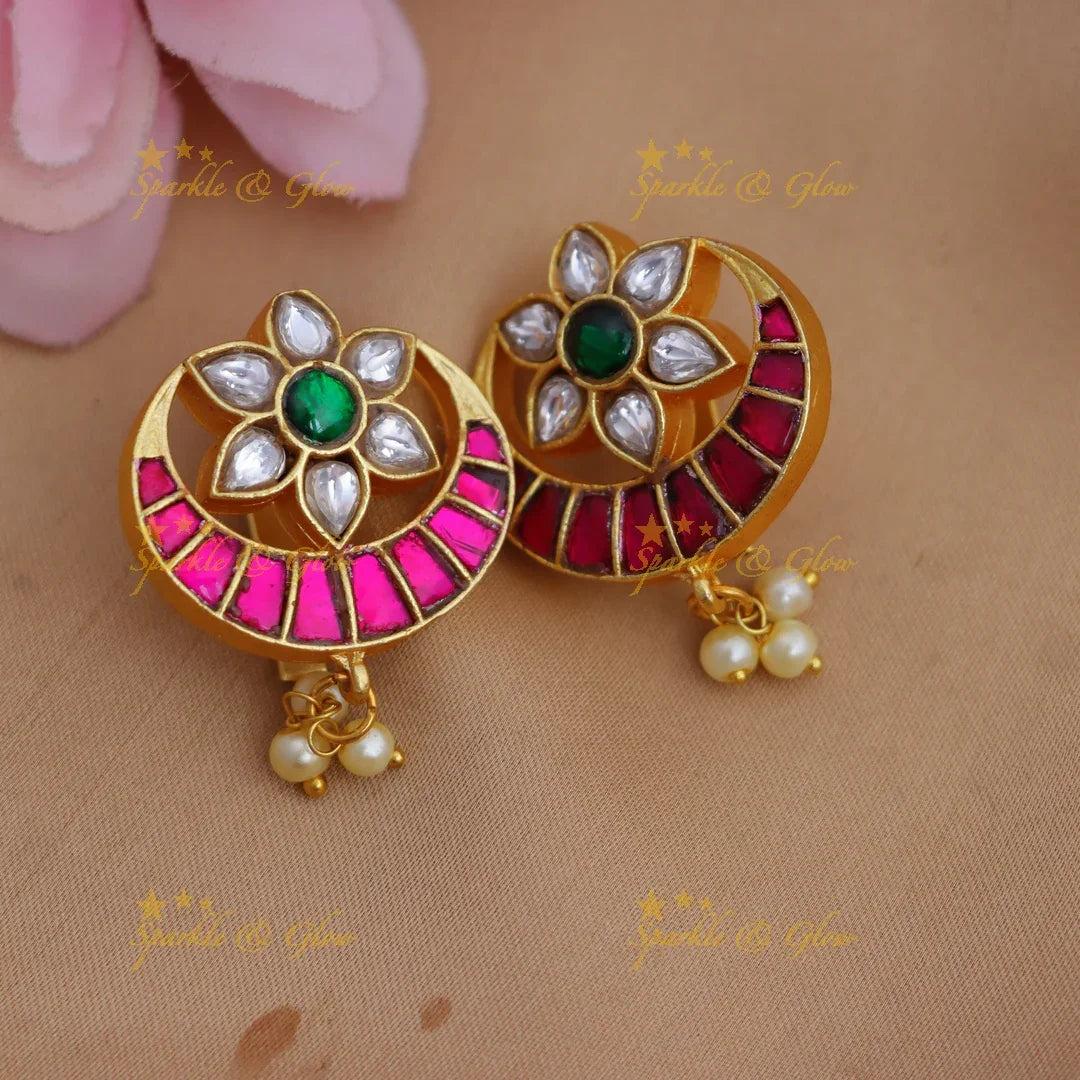 Stunning Jadau Kundan Floral Bugadi Earrings with Pink Meenakari and Pearl Drops - Sparkle and Glow
