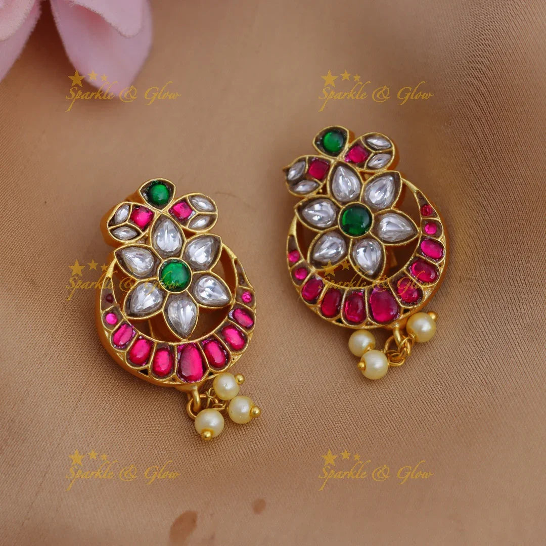 Traditional Bugadi Earrings with Kundan Floral Motif & Pearl Drops - Sparkle and Glow