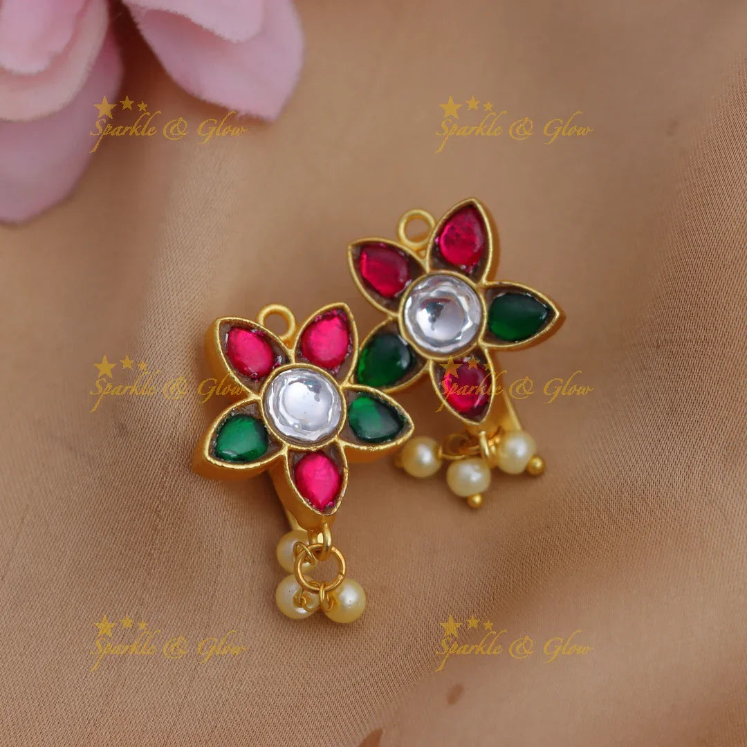 Elegant Jadau Kundan Floral Bugadi Earrings with Red-Green Enamel & Pearl Drops - Sparkle and Glow