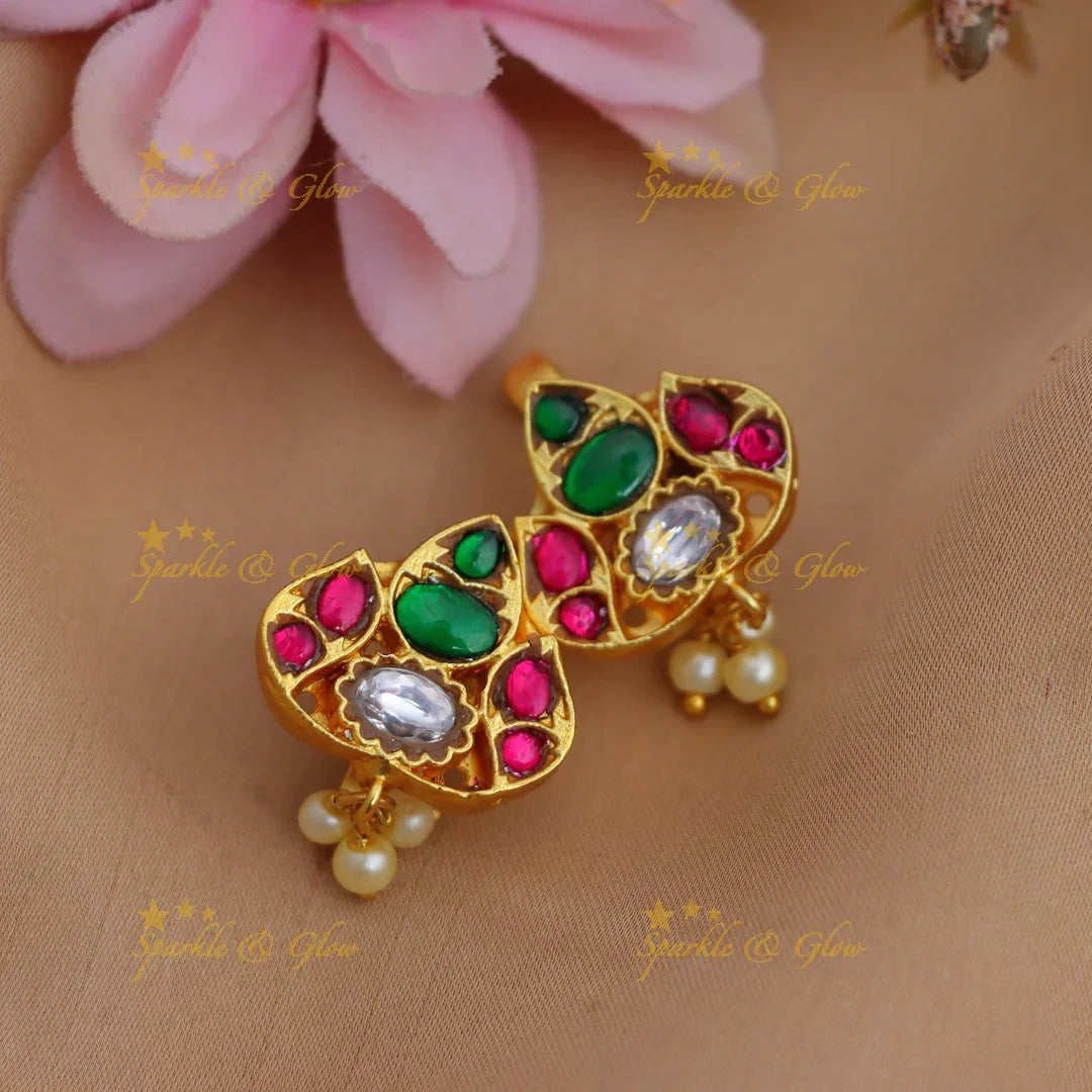 Traditional Jadau Kundan Leaf-Shaped Bugadi Earrings with Green, Pink & Kundan Stones - Sparkle and Glow