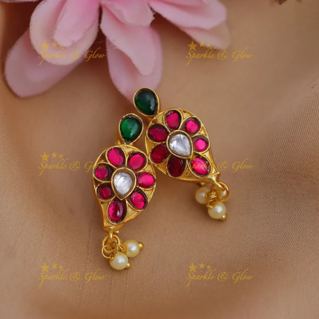 Stunning Jadau Kundan Teardrop Floral Bugadi Earrings with Pink, Green & Kundan Stones - Sparkle and Glow