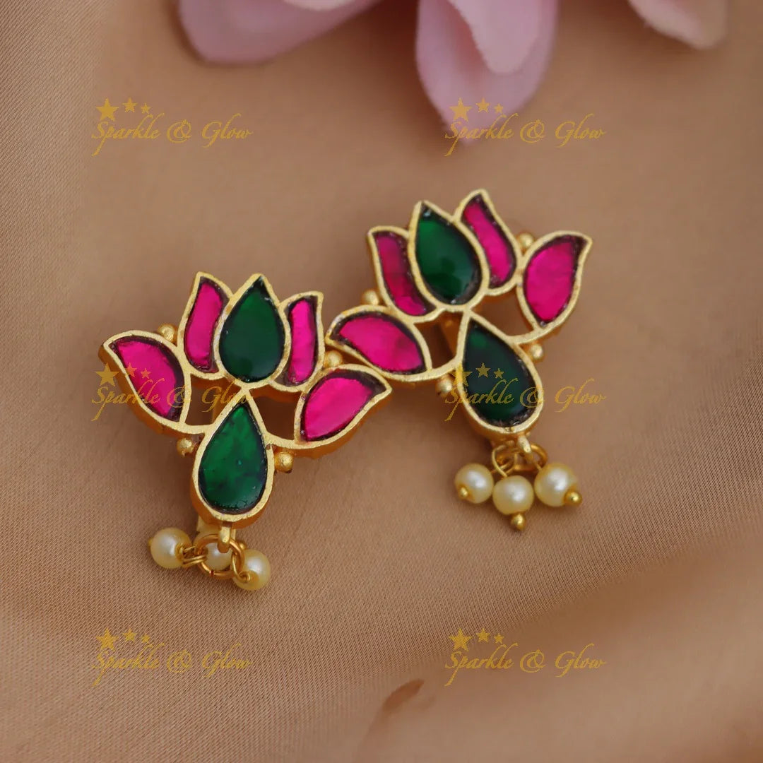 Sparkling Jadau Kundan Lotus Design Bugadi Earrings with Pink-Green Enamel & Pearl Drops - Sparkle and Glow