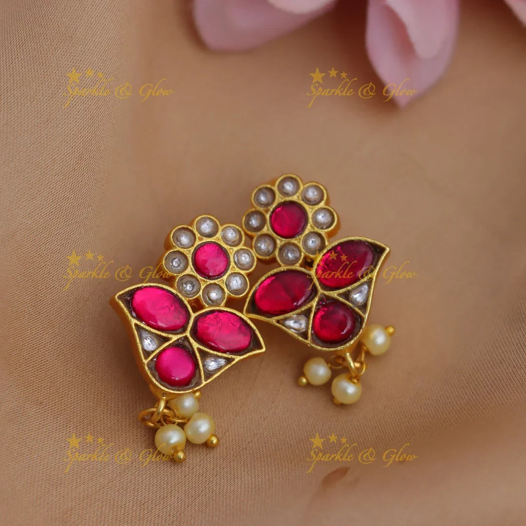 Gracious Jadau Kundan Floral Bugadi Earrings with Red Stones, Kundan & Pearl Drops - Sparkle and Glow