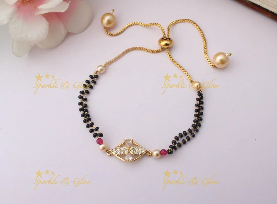 Adjustable Mangalsutra-style Bracelet with Pearl and CZ Charm