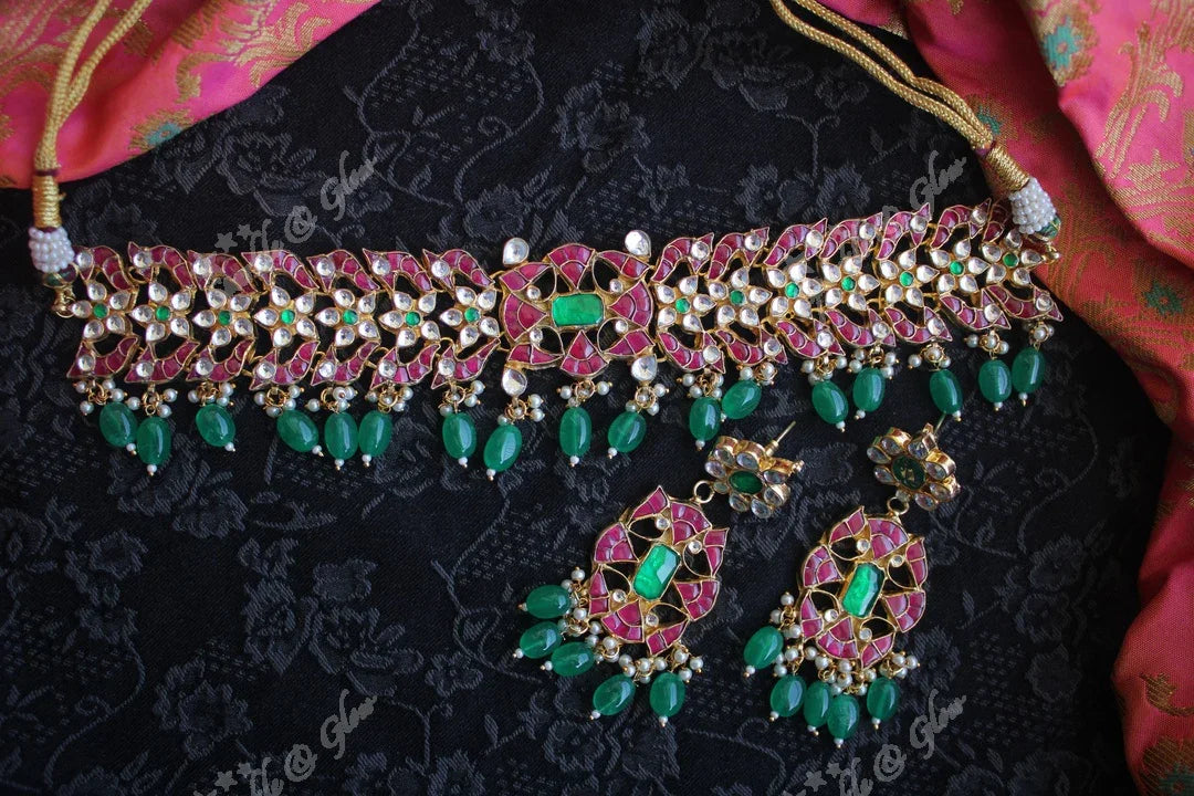Beautiful Jadau choker with green bead drops - Sparkle and Glow