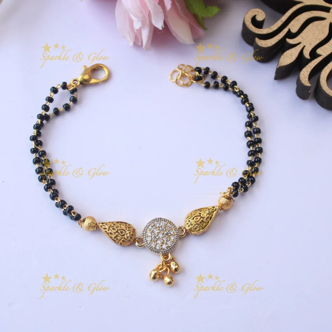 Traditional Mangalsutra-style Bracelet with CZ Round Pendant