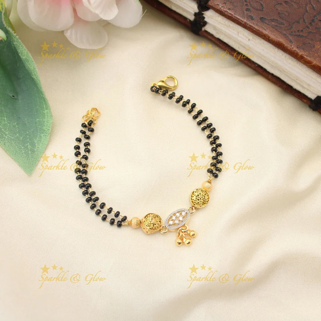 Traditional Mangalsutra Bracelet with Oval CZ Pendant and Hanging Beads