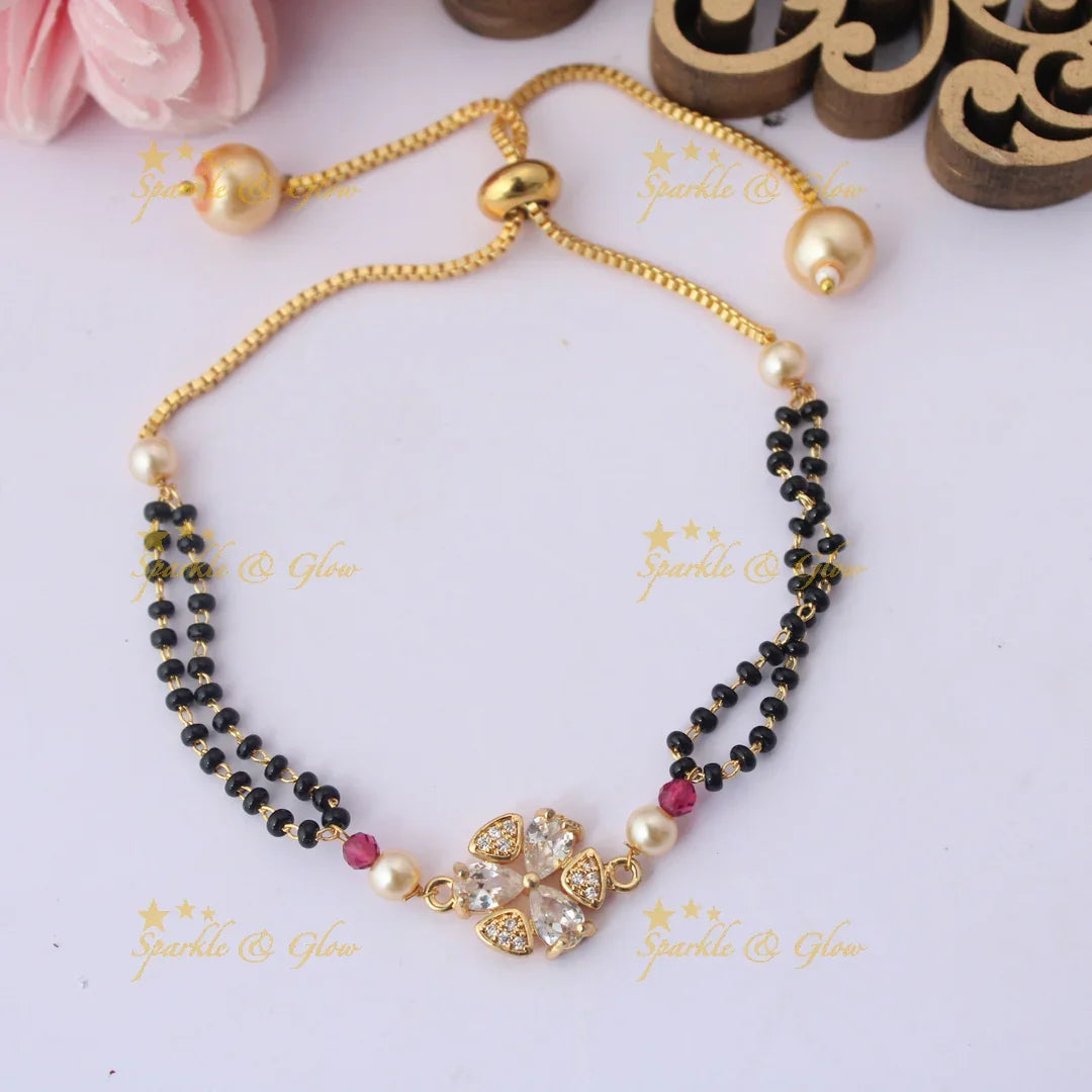 Adjustable Mangalsutra Bracelet with Floral CZ Pendant