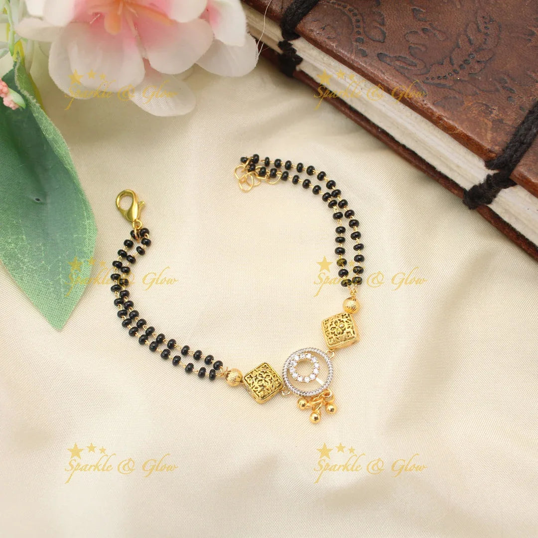 Traditional Mangalsutra Bracelet with Circular CZ Pendant & Square Gold Beads