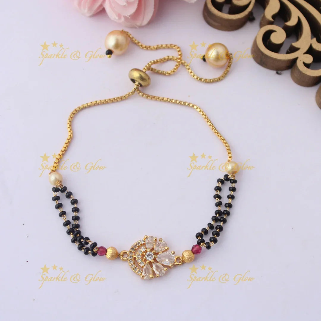 Adjustable Mangalsutra Bracelet with Floral Crescent CZ Pendant
