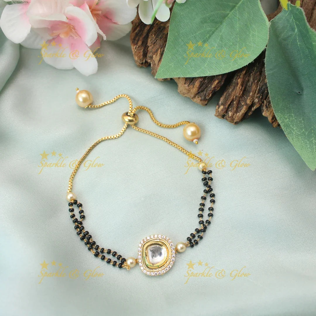 Elegant Adjustable Mangalsutra Bracelet with Round Kundan-Style CZ Pendant
