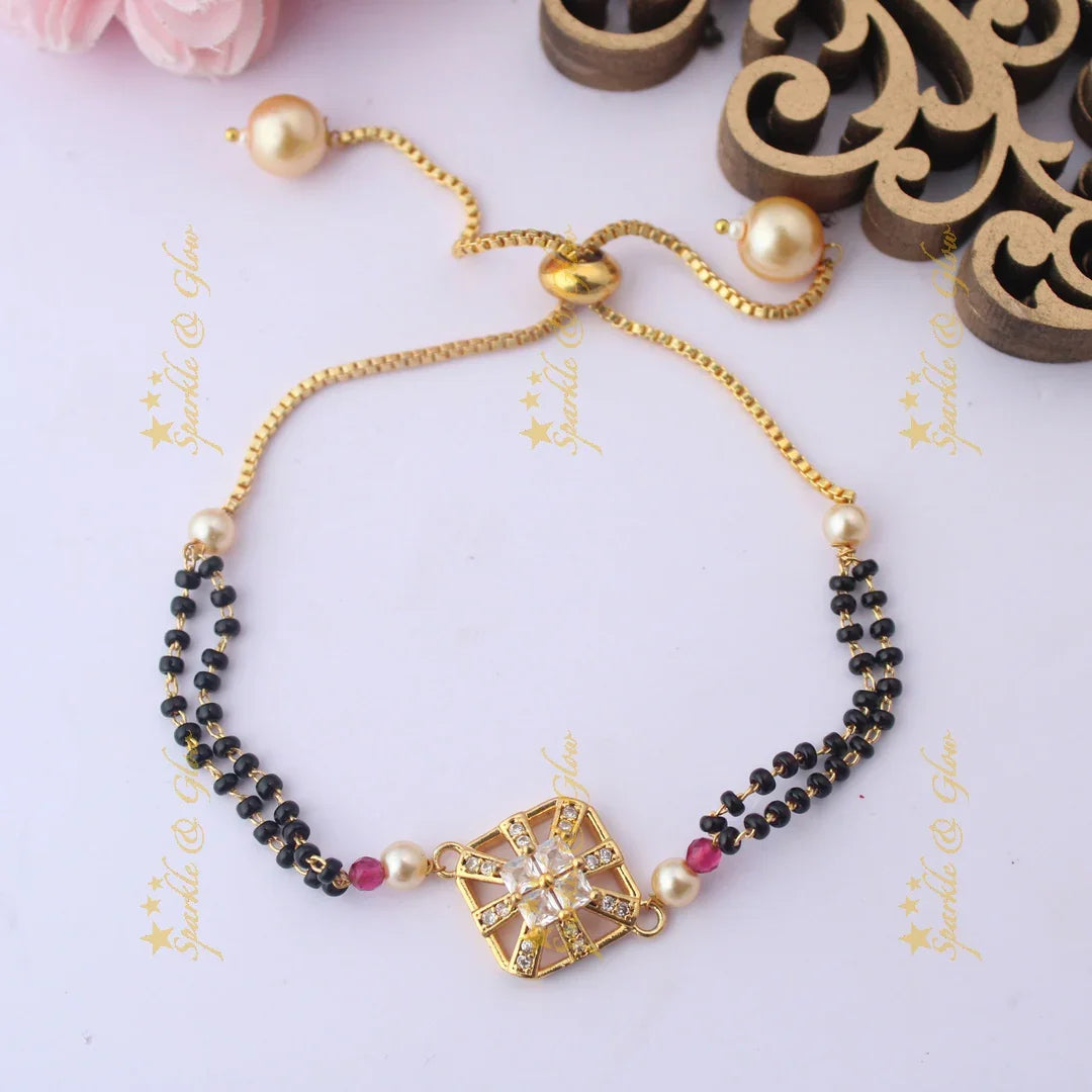 Adjustable Mangalsutra Bracelet with Square CZ Pendant