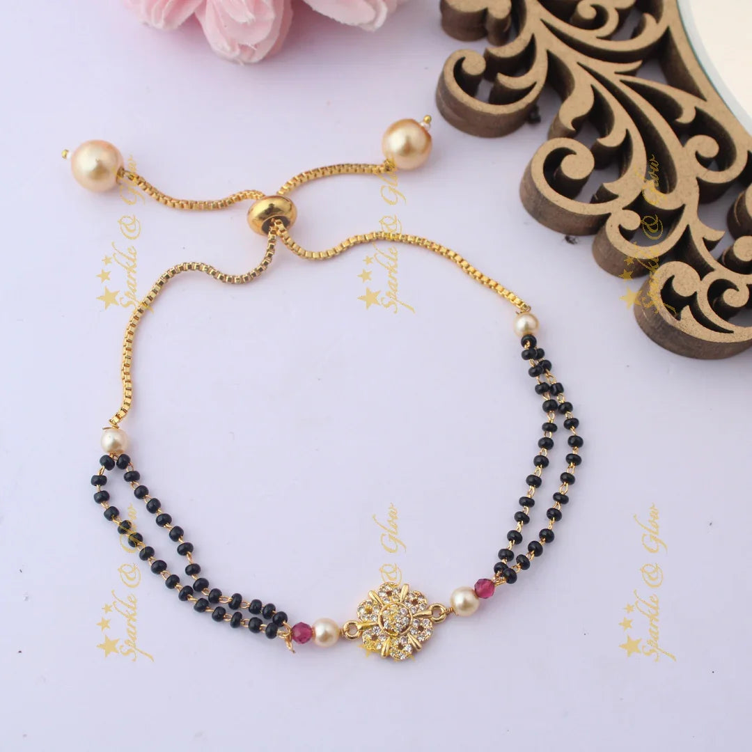 Adjustable Mangalsutra Bracelet with Floral CZ Center
