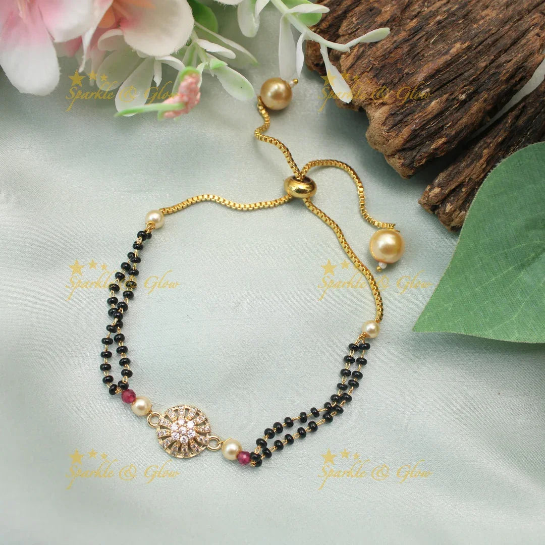 Stunning Adjustable Mangalsutra Bracelet with Round Sunburst CZ Charm