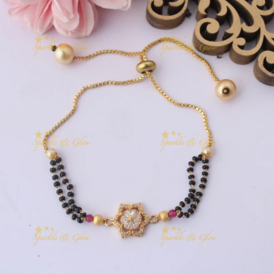 Adjustable Mangalsutra Bracelet with Star-Flower CZ Pendant