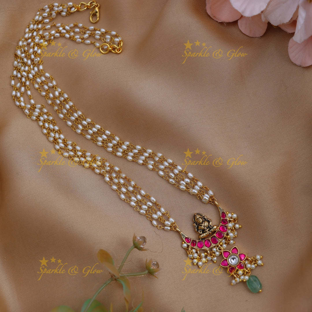 Kundan Pearl Lakshmi Pendant Haram - Ruby & Emerald