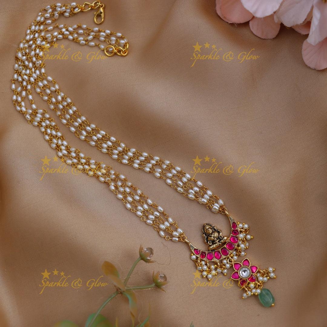 Kundan Pearl Lakshmi Pendant Haram - Ruby & Emerald