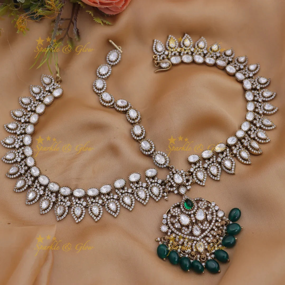 Grand Mango Floral Victorian AD Maang Tikka with Emerald Green Beads